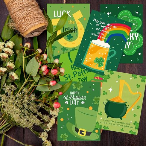 YQUQWN 24 حزمة من بطاقات التهنئة لعيد القديس باتريك مجموعة البرسيم حدوة الحصان قوس قزح تصميم بطاقات التهنئة الخضراء مع مغلفات لمستلزمات عيد القديس باتريك السعيد in Kuwait