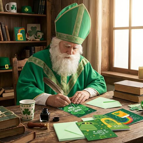 YQUQWN 24 حزمة من بطاقات التهنئة لعيد القديس باتريك مجموعة البرسيم حدوة الحصان قوس قزح تصميم بطاقات التهنئة الخضراء مع مغلفات لمستلزمات عيد القديس باتريك السعيد in Kuwait