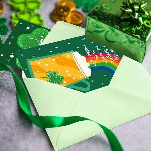 YQUQWN 24 حزمة من بطاقات التهنئة لعيد القديس باتريك مجموعة البرسيم حدوة الحصان قوس قزح تصميم بطاقات التهنئة الخضراء مع مغلفات لمستلزمات عيد القديس باتريك السعيد in Kuwait
