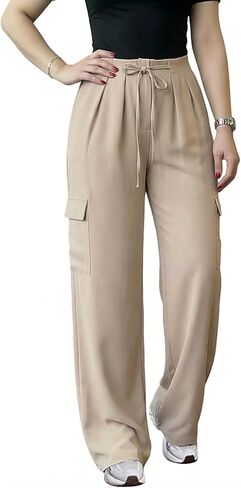 بنطلون نسائي كاجوال برباط من CHICME بخصر عالٍ وجيوب بغطاء قلاب وتصميم مرن بخصر خلفي وبنطال بأرجل واسعة in Kuwait