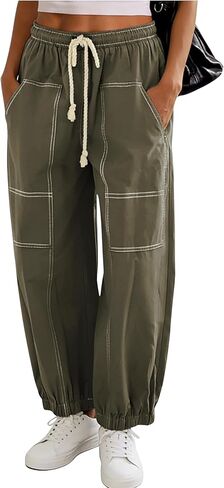 Himosyber Womens Baggy Wide Leg Pants Casual Loose Elastic Drawstring Waist Harem Pants with Pockets in Kuwait