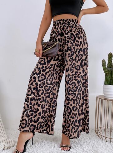Women's Leopard Pants Elastic High Waist Wide Leg Trousers with Pockets Casual Streetwear 2026 Fall Leopard Pants in Saudi Arabia