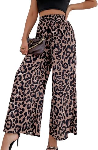 Women's Leopard Pants Elastic High Waist Wide Leg Trousers with Pockets Casual Streetwear 2026 Fall Leopard Pants in Saudi Arabia