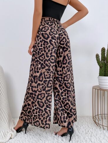 Women's Leopard Pants Elastic High Waist Wide Leg Trousers with Pockets Casual Streetwear 2026 Fall Leopard Pants in Saudi Arabia