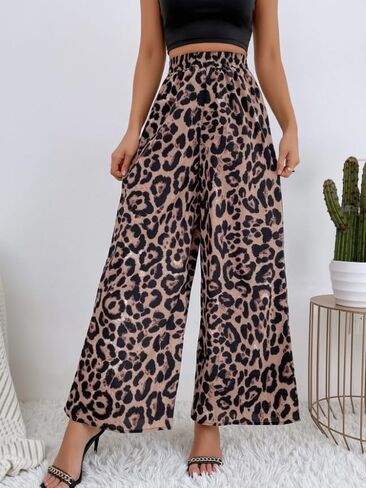 Women's Leopard Pants Elastic High Waist Wide Leg Trousers with Pockets Casual Streetwear 2026 Fall Leopard Pants in Saudi Arabia