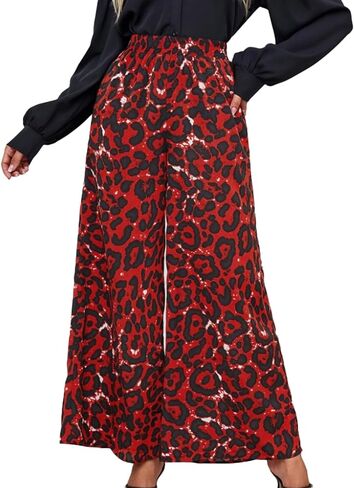 Women's Leopard Pants Elastic High Waist Wide Leg Trousers with Pockets Casual Streetwear 2026 Fall Leopard Pants in Saudi Arabia