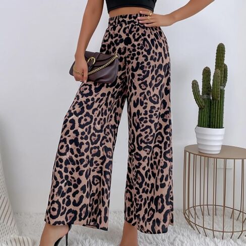 Women's Leopard Pants Elastic High Waist Wide Leg Trousers with Pockets Casual Streetwear 2026 Fall Leopard Pants in Saudi Arabia