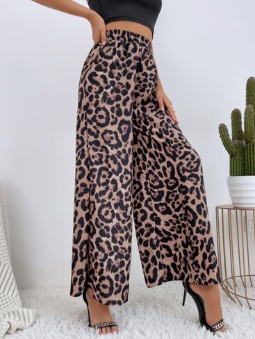 Women's Leopard Pants Elastic High Waist Wide Leg Trousers with Pockets Casual Streetwear 2026 Fall Leopard Pants in Saudi Arabia