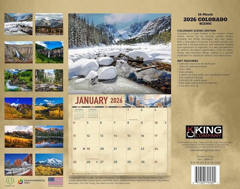 تقويم حائط كولورادو ذو المناظر الطبيعية الخلابة لعام 2026، مقاس كبير جدًا لمدة 16 شهرًا 14 × 22، الجبال المهيبة، بحيرات جبال الألب، من شركة KING-Monster Calendars in Kuwait