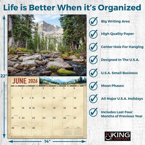 تقويم حائط كولورادو ذو المناظر الطبيعية الخلابة لعام 2026، مقاس كبير جدًا لمدة 16 شهرًا 14 × 22، الجبال المهيبة، بحيرات جبال الألب، من شركة KING-Monster Calendars in Kuwait