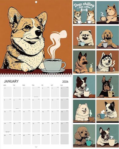 2026 Dog Calendar - Pleasant Doggo Monthly Wall Calendar 2026, Funny Gift for Dog Lovers, Coffee Puppies Art Hanging Calendar 12" x 24" Opened, Full Page Thick Paper, Jan.2026 - Dec.2026 with Holidays in Saudi Arabia