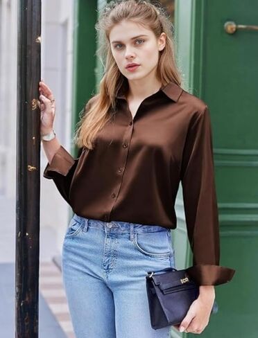 Women’s Satin Silk Blouse – Long Sleeve Button Down Shirt for Business Casual & Office Wear in Saudi Arabia