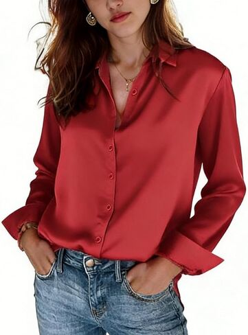 Women’s Satin Silk Blouse – Long Sleeve Button Down Shirt for Business Casual & Office Wear in Saudi Arabia