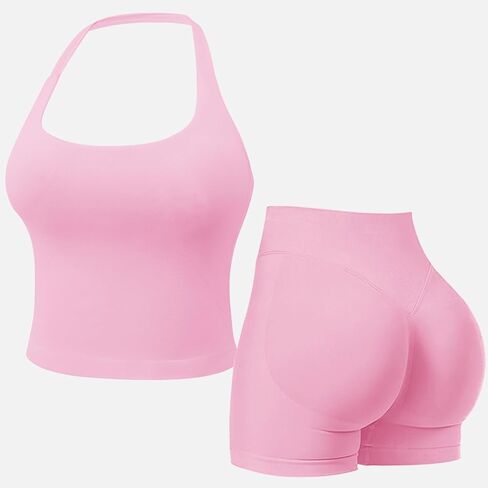 Workout Sets for Women 2 Piece seamless Halter Tank Tops Scrunch Butt Impact Shorts Gym Yoga Outfits in Saudi Arabia