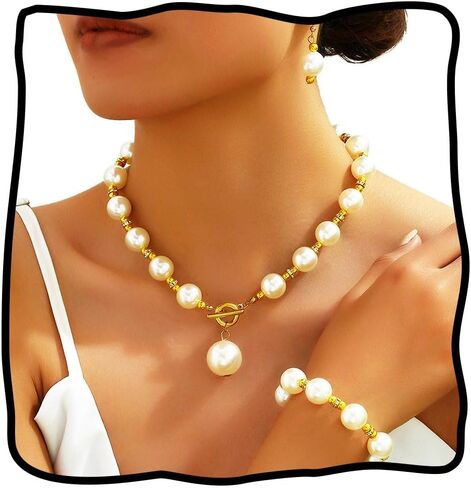 JEAIRTS 3Pcs Pearl Jewelry Set for Women Gold Necklace Earrings Bracelet Party Wedding Accessories in Saudi Arabia