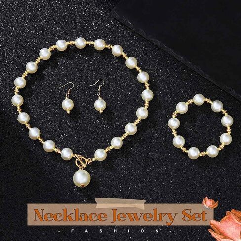 JEAIRTS 3Pcs Pearl Jewelry Set for Women Gold Necklace Earrings Bracelet Party Wedding Accessories in Saudi Arabia