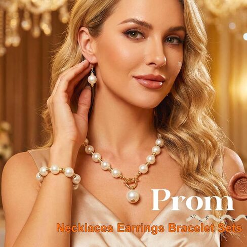 JEAIRTS 3Pcs Pearl Jewelry Set for Women Gold Necklace Earrings Bracelet Party Wedding Accessories in Saudi Arabia