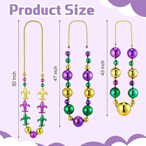 XunYee 6 Pcs Jumbo Mardi Gras Bead Necklaces 43'' 47'' 50'' Big Mardi Gras Beads Necklaces Gold Purple Green for Carnival Parade Party Favor Costume Decor in Saudi Arabia