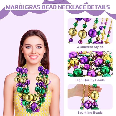 XunYee 6 Pcs Jumbo Mardi Gras Bead Necklaces 43'' 47'' 50'' Big Mardi Gras Beads Necklaces Gold Purple Green for Carnival Parade Party Favor Costume Decor in Saudi Arabia