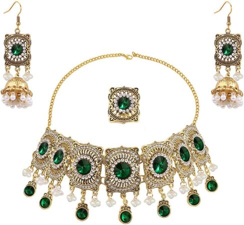 NewZenro Rectangle CZ Jhumki Pearl Tassel Dangle Drop Earrings Choker Necklace Adjustable Rings Set for Women Gold Plated Indian Traditional Fashion Antique Bollywood Jewelry for Wedding Party in Saudi Arabia