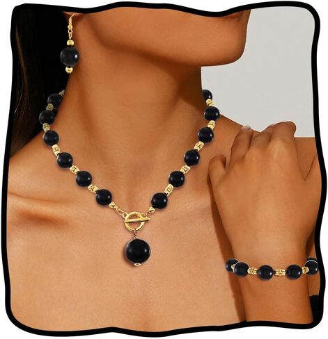JEAIRTS 3Pcs Pearl Jewelry Set for Women Gold Necklace Earrings Bracelet Party Wedding Accessories in Saudi Arabia