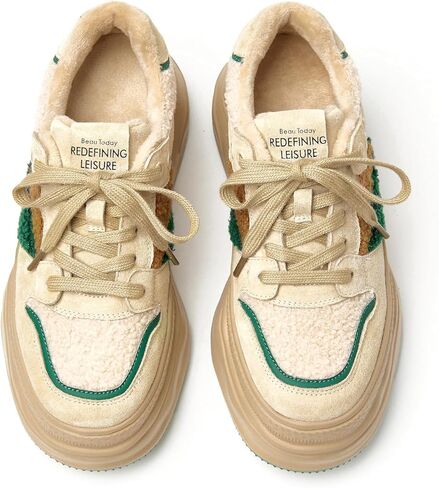 BEAU TODAY Fur Lined Winter Sneakers for Women, Womens Chunky Platform Warm Sneakers, Comfortable Suede Snow Lace-up Non-Slip Round Toe Casual Snow Walking Tennis Shoes in Kuwait