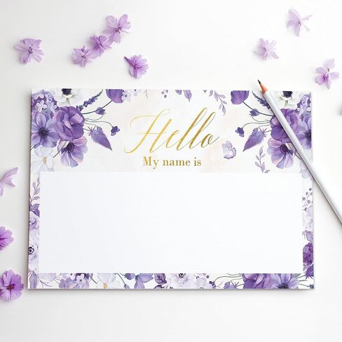Mobiusea Creation Purple Floral Hello My Name is Stickers | 3.5 x 2.25 Inch Name Tag Stickers with Gold Foil Accents | Nametags for Weddings, Parties, Bridal Showers & Baby Showers in Saudi Arabia