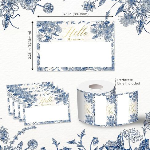 Mobiusea Creation Vintage Blue Floral Hello My Name is Stickers | 3.5 x 2.25 Inch Name Tag Stickers with Gold Foil Accents | Nametags for Weddings, Engagement Parties, Bridal Showers & Baby Showers in Saudi Arabia