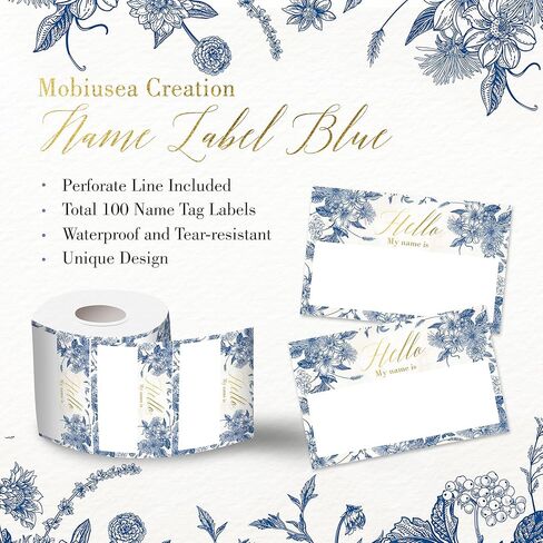 Mobiusea Creation Vintage Blue Floral Hello My Name is Stickers | 3.5 x 2.25 Inch Name Tag Stickers with Gold Foil Accents | Nametags for Weddings, Engagement Parties, Bridal Showers & Baby Showers in Saudi Arabia