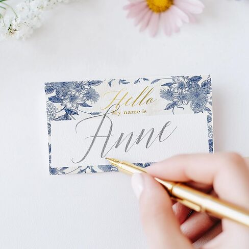 Mobiusea Creation Vintage Blue Floral Hello My Name is Stickers | 3.5 x 2.25 Inch Name Tag Stickers with Gold Foil Accents | Nametags for Weddings, Engagement Parties, Bridal Showers & Baby Showers in Saudi Arabia
