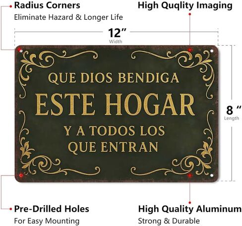 Que Dios Bendiga Este Hogar Spanish VintageAluminum Wall Sign -8x12in Decor for Home,Prayer Room, Bedroom in Kuwait