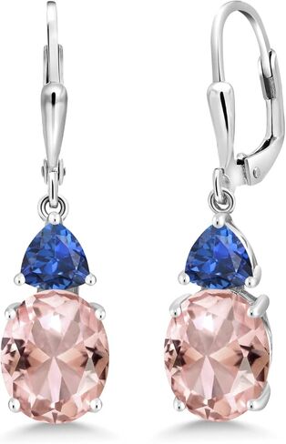 Gem Stone King 925 Sterling Silver Peach Nano Morganite and Blue Created Sapphire Dangle Earrings For Women (5.72 Cttw, Gemstone October Birthstone, Oval 10X8MM, Trillion 5MM) in Saudi Arabia