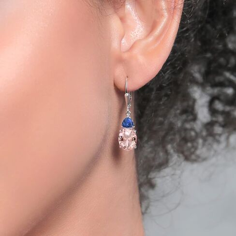 Gem Stone King 925 Sterling Silver Peach Nano Morganite and Blue Created Sapphire Dangle Earrings For Women (5.72 Cttw, Gemstone October Birthstone, Oval 10X8MM, Trillion 5MM) in Saudi Arabia