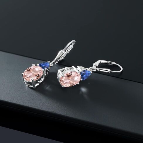 Gem Stone King 925 Sterling Silver Peach Nano Morganite and Blue Created Sapphire Dangle Earrings For Women (5.72 Cttw, Gemstone October Birthstone, Oval 10X8MM, Trillion 5MM) in Saudi Arabia