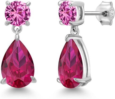 أقراط متدلية من الفضة الإسترلينية عيار 925 من Gem Stone King باللون الأحمر والياقوت والوردي والياقوت المتدلي على شكل دمعة للنساء (8.96 قيراط، حجر ميلاد الأحجار الكريمة، شكل كمثرى 12 × 8 مم، دائري 6 مم) in Saudi Arabia