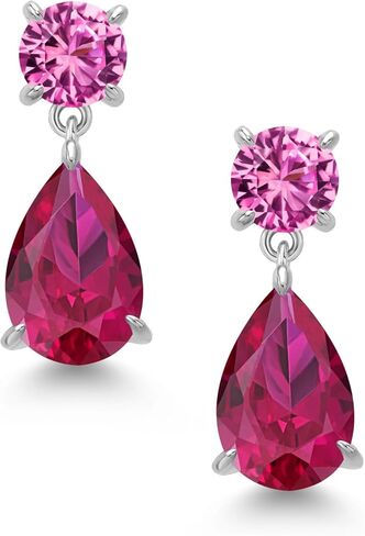 أقراط متدلية من الفضة الإسترلينية عيار 925 من Gem Stone King باللون الأحمر والياقوت والوردي والياقوت المتدلي على شكل دمعة للنساء (8.96 قيراط، حجر ميلاد الأحجار الكريمة، شكل كمثرى 12 × 8 مم، دائري 6 مم) in Saudi Arabia