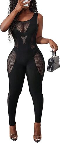 بذلة مثيرة للنساء بدون أكمام مفرغة من القماش الشبكي الشفاف، سراويل سوداء، ملابس نادي رومبير in Kuwait