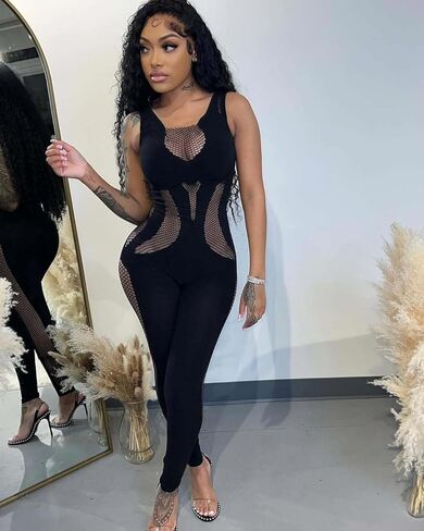 بذلة مثيرة للنساء بدون أكمام مفرغة من القماش الشبكي الشفاف، سراويل سوداء، ملابس نادي رومبير in Kuwait