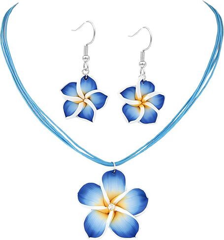 POYAMUSE Hawaiian Colorful Plumeria Flower Necklace Earrings Set - Tropical Beach Party Accessories for Women Vacation Luau Events Jewelry in Saudi Arabia