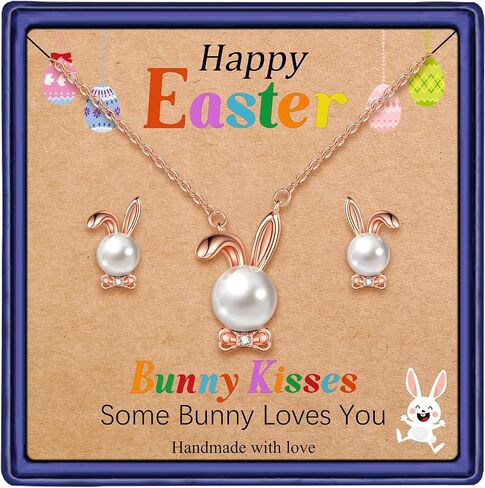 Ritach Easter Basket Stuffers - Easter Gifts Gold/Silver/Rose Gold Bunny Rabbit Necklace Earrings Set Cute Bunny Pearl Jewelry Easters Gifts in Kuwait