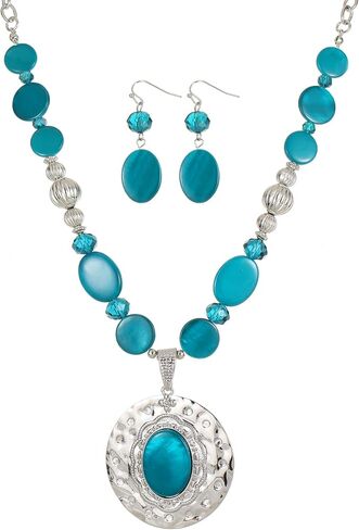 Elisheva Mother of Pearl Shell Beaded Choker Necklace and Earrings Set for Women, Western Bohemian Statement Circle Cameo Pendant Chunky Necklace Set, Vintage Style Costume Jewelry in Saudi Arabia