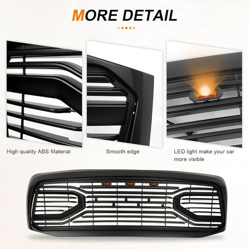 Front Grill Compatible With Dodge Ram 1500 2006-2008 & Dodge Ram 2500 3500 2006-2009 Matte Black Front Bumper Grille MD Style With Accessories/Letters/Amber Light Up in Kuwait