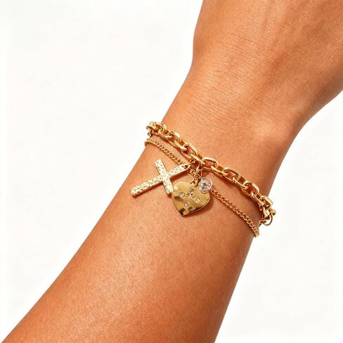 Chunky Gold Chain Bracelet Heart Gold Cross Charm Paved Crystal Jewelry Trendy Vacation Style Bridesmaid Layered Jewelry Birthday Gift for Women in Saudi Arabia