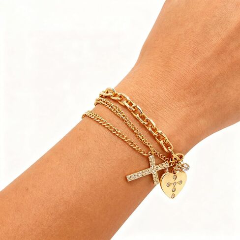 Chunky Gold Chain Bracelet Heart Gold Cross Charm Paved Crystal Jewelry Trendy Vacation Style Bridesmaid Layered Jewelry Birthday Gift for Women in Saudi Arabia