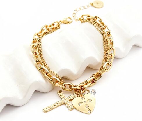 Chunky Gold Chain Bracelet Heart Gold Cross Charm Paved Crystal Jewelry Trendy Vacation Style Bridesmaid Layered Jewelry Birthday Gift for Women in Saudi Arabia