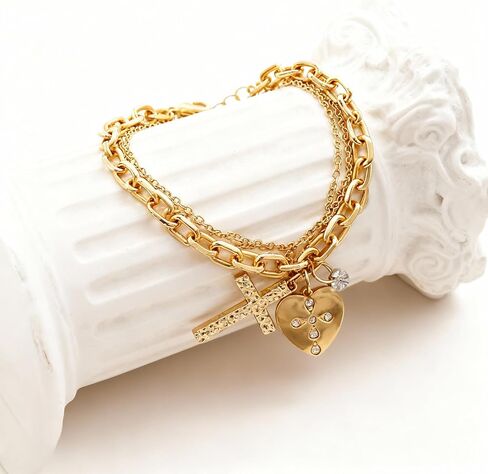 Chunky Gold Chain Bracelet Heart Gold Cross Charm Paved Crystal Jewelry Trendy Vacation Style Bridesmaid Layered Jewelry Birthday Gift for Women in Saudi Arabia