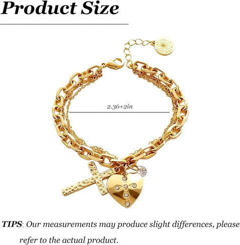 Chunky Gold Chain Bracelet Heart Gold Cross Charm Paved Crystal Jewelry Trendy Vacation Style Bridesmaid Layered Jewelry Birthday Gift for Women in Saudi Arabia