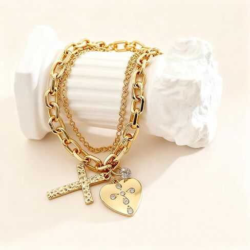 Chunky Gold Chain Bracelet Heart Gold Cross Charm Paved Crystal Jewelry Trendy Vacation Style Bridesmaid Layered Jewelry Birthday Gift for Women in Saudi Arabia