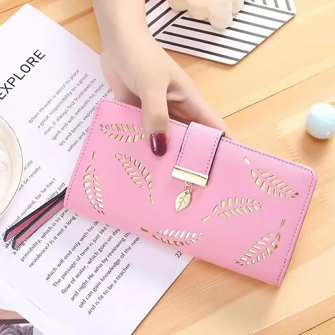 Women's Long Leaf Bifold Wallet Leather Card Holder Purse Zipper Buckle Elegant Clutch Wallet Handbag for Women - Apricot in Saudi Arabia