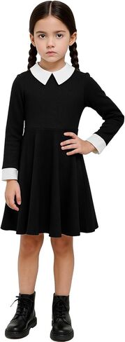 فستان بناتي أسود للأطفال بأكمام طويلة وياقة بيتر بان وياقة بيتر بان فستان تنكري للهالوين in Kuwait